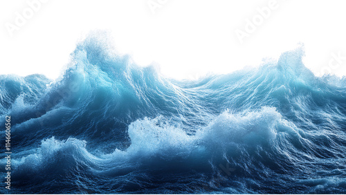 Majestic ocean waves crashing with vibrant blue hues. Isolated on transparent/white background.