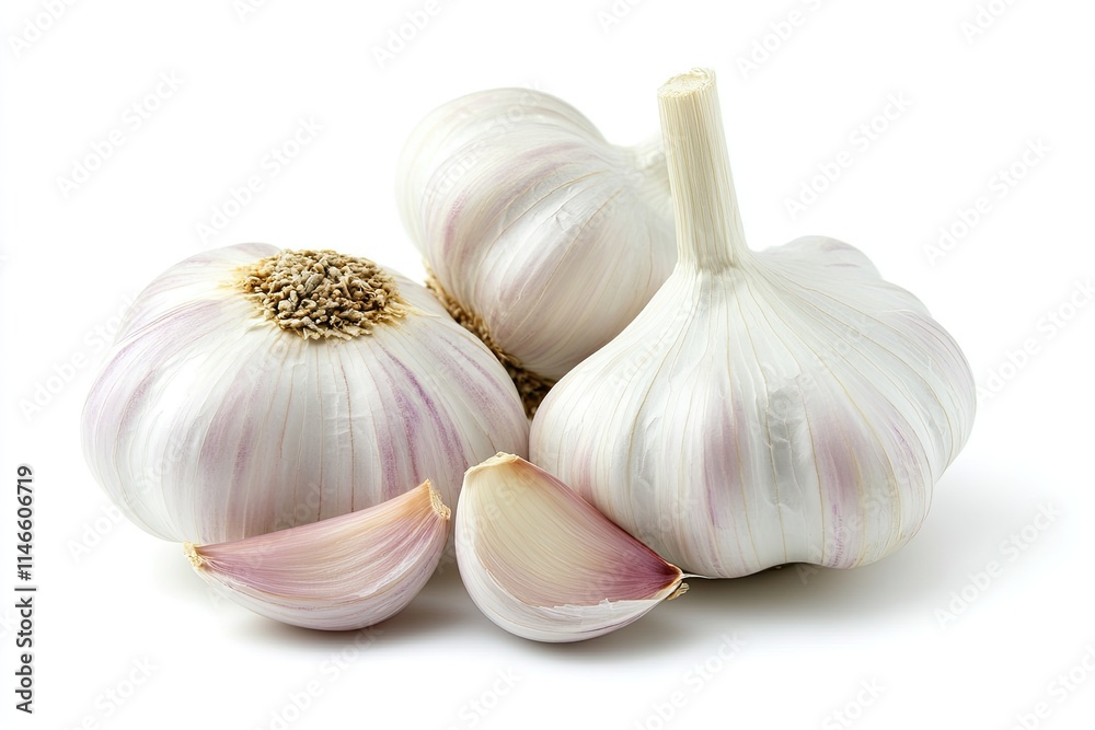A cluster of fresh garlic bulbs with a few peeled cloves, isolated on white A cluster of fresh garlic bulbs with a few peeled cloves, isolated on white
