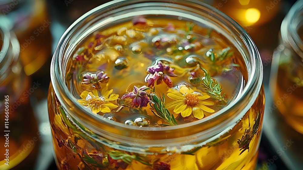 Close-Up of Herbal Tea Steeping in a Glass Teapot