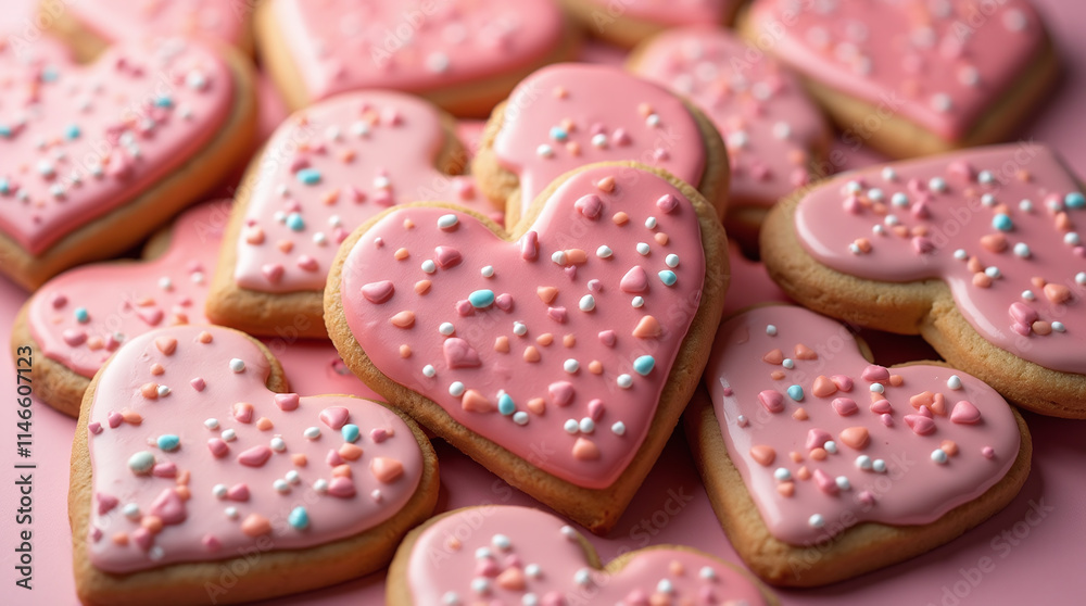 Heart-Shaped Glazed Cookies with Icing, St. Valentine's Day Baking and Treat Heart-Shaped Glazed Cookies with Icing, St. Valentine's Day Baking and Treat