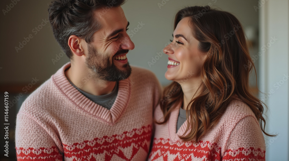 Beautiful Couple in Matching Heart Patterned Sweaters for St. Valentine's Day, Matching Outfit Beautiful Couple in Matching Heart Patterned Sweaters for St. Valentine's Day, Matching Outfit