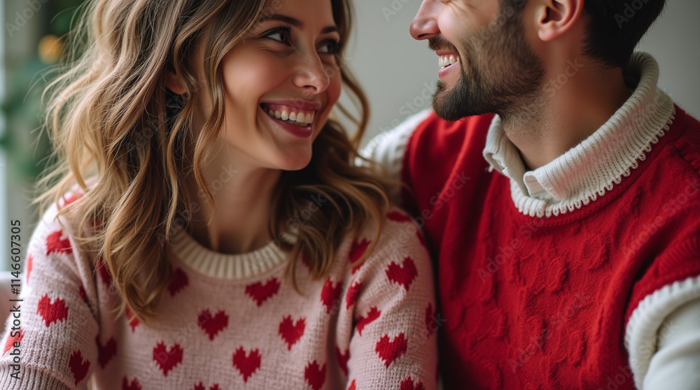 Beautiful Couple in Matching Heart Patterned Sweaters for St. Valentine's Day, Matching Outfit Beautiful Couple in Matching Heart Patterned Sweaters for St. Valentine's Day, Matching Outfit