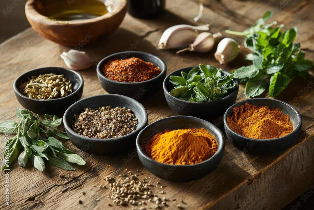 Assorted Herbal Oils and Spices Arrangement on Table Assorted Herbal Oils and Spices Arrangement on Table