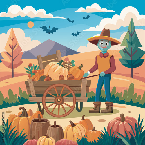  A scarecrow standing in a field with a wooden cart full of pumpkins. 