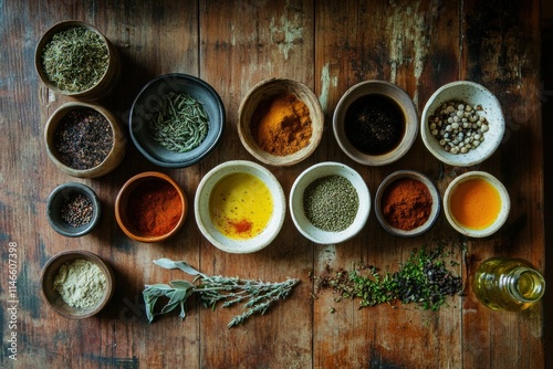 Assorted Herbal Oils and Spices on Wooden Table photo