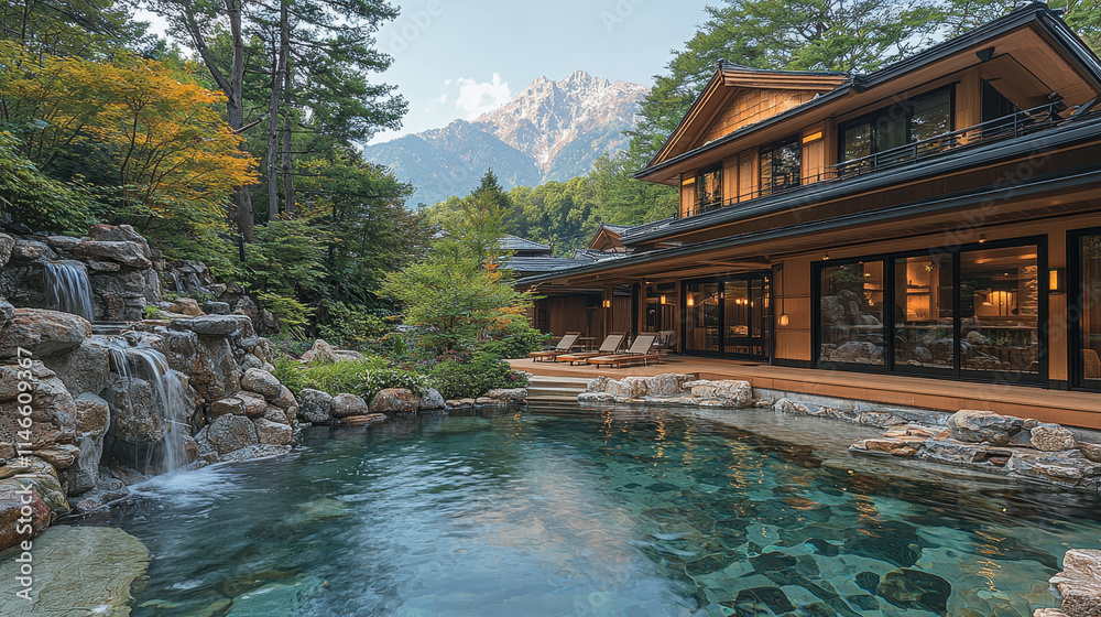 Serene Japanese Mountain Retreat: A tranquil oasis nestled amidst towering peaks, this modern Japanese home boasts a picturesque pool, cascading waterfall, and breathtaking mountain vistas. Serene Japanese Mountain Retreat: A tranquil oasis nestled amidst towering peaks, this modern Japanese home boasts a picturesque pool, cascading waterfall, and breathtaking mountain vistas.