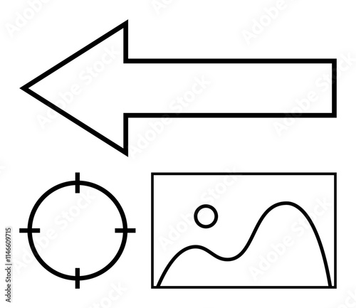 Leftward arrow above a target circle and a rectangular landscape outline with a sun and hills. Ideal for navigation, directions, location services, geography, graphics design, data visualization