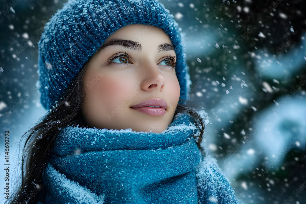 Beautiful woman wearing blue winter clothes enjoying snowfall Beautiful woman wearing blue winter clothes enjoying snowfall