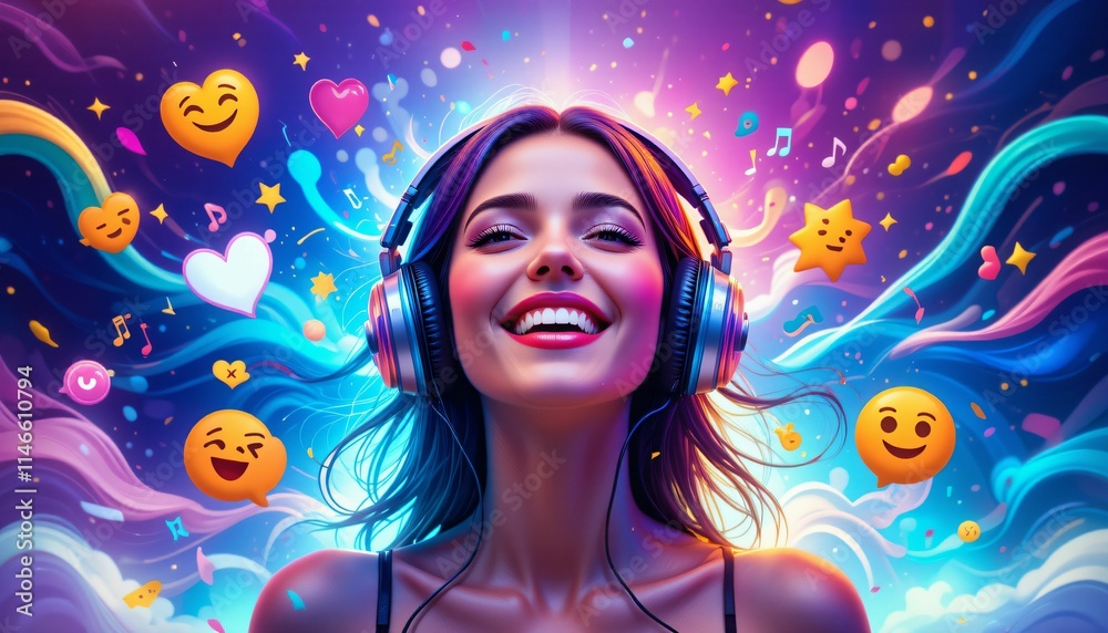 Joyful Young Woman Enjoying Music with Headphones Generative AI Joyful Young Woman Enjoying Music with Headphones Generative AI