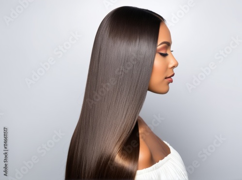 Sleek hairstyle showcased by a woman with long, shiny hair against a plain background photo