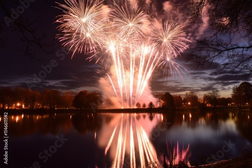 Vibrant Fireworks Display Over Reflective Water photo