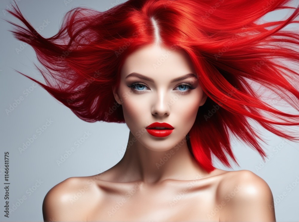 Captivating portrait of a woman with striking red hair and bold makeup against a soft background