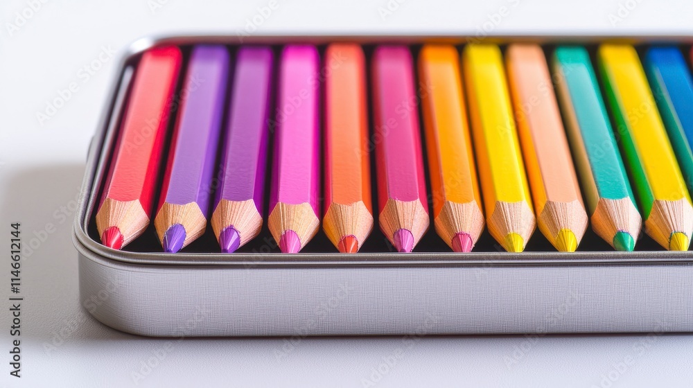 Naklejka premium Vibrant Collection of Colorful Wooden Crayons in Metal Box Perfect for Art Projects and Creative Activities for All Ages