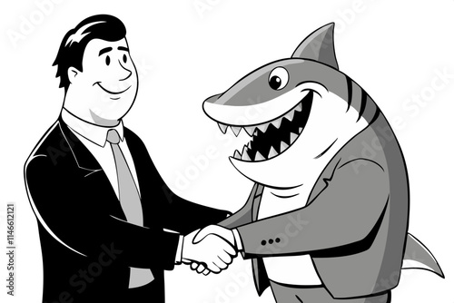 greedy shark in business suit shaking hand with businessman vector image, Isolated on white background.

