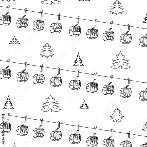 A scenic mountain backdrop featuring a cable car gliding through the peaks, offering a serene and adventurous view perfect for travel themes and outdoor designs. vector graphic line seamless pattern