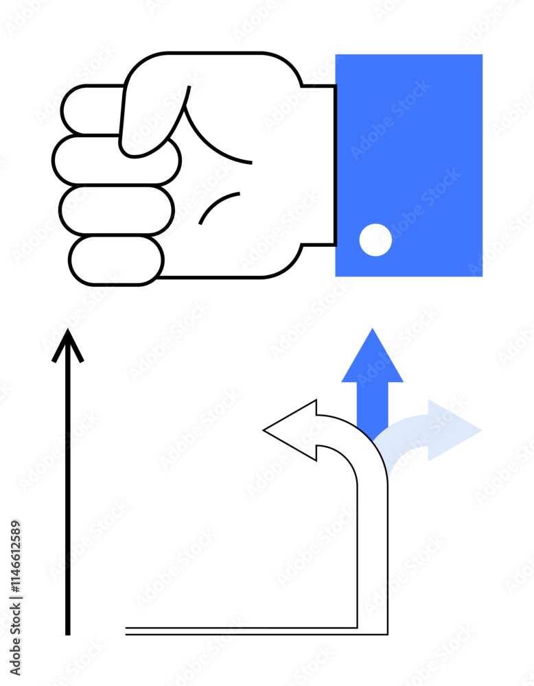 Hand with blue sleeve dominates above two directional arrows black arrow points upwards, blue arrow curves right. Ideal for themes of decision-making, change, progress, strategy, leadership, choice Hand with blue sleeve dominates above two directional arrows black arrow points upwards, blue arrow curves right. Ideal for themes of decision-making, change, progress, strategy, leadership, choice