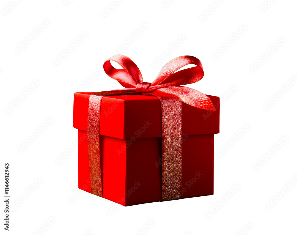 Fototapeta premium Red Gift box and festive red hearts. Gift concept for Valentine Day, Wedding or Birthday, flat lay