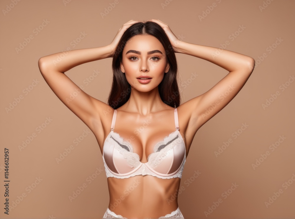 Elegant model showcasing lingerie in a neutral-toned studio environment Elegant model showcasing lingerie in a neutral-toned studio environment