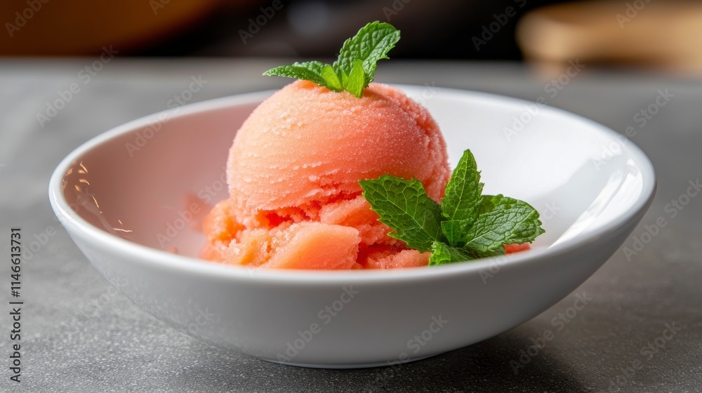 Refreshing Pink Sorbet with Fresh Mint Leaves in a White Bowl, Perfect for Summer Desserts or Elegant Cuisine Presentation Refreshing Pink Sorbet with Fresh Mint Leaves in a White Bowl, Perfect for Summer Desserts or Elegant Cuisine Presentation