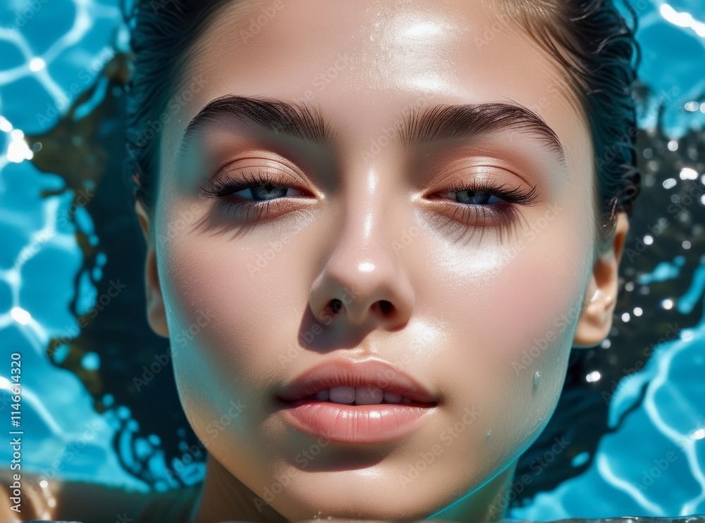 Young woman enjoying a refreshing swim in a clear blue pool on a sunny day with water glistening on her skin Young woman enjoying a refreshing swim in a clear blue pool on a sunny day with water glistening on her skin