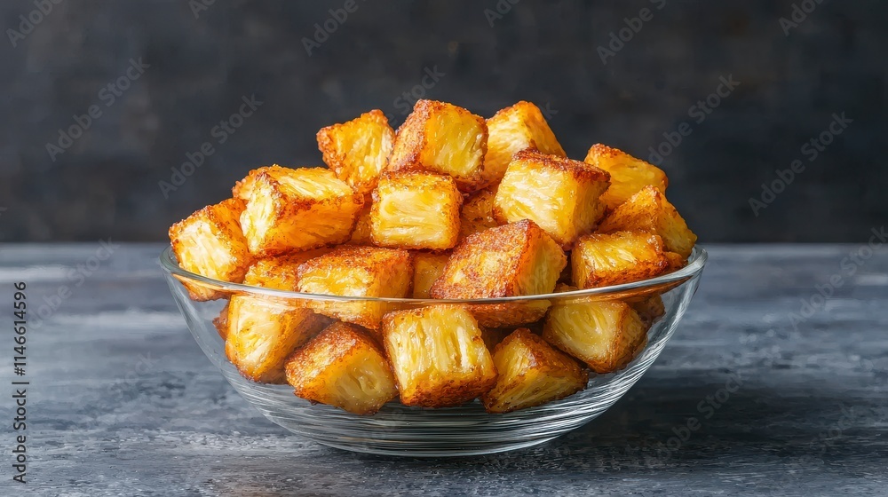 Crispy Golden Cubes of Delicious Fried Potatoes in a Clear Glass Bowl, Perfectly Cooked and Ready to Be Served as a Snack or Side Dish Crispy Golden Cubes of Delicious Fried Potatoes in a Clear Glass Bowl, Perfectly Cooked and Ready to Be Served as a Snack or Side Dish
