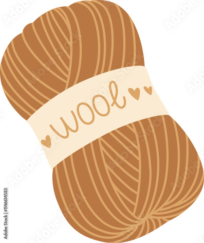 Light brown wool yarn ball with a label saying wool and two hearts, for knitting, crochet, and handmade crafts, isolated on a white background