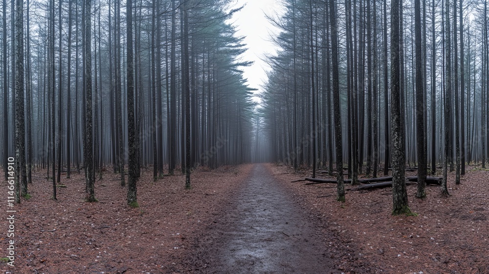 Naklejka premium Misty Pine Forest Path A Serene Woodland Trail