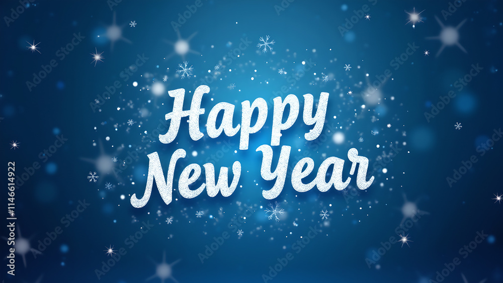 Happy New Year greeting on blue background with snowflakes. Concept of celebration and new beginnings. Happy New Year greeting on blue background with snowflakes. Concept of celebration and new beginnings.
