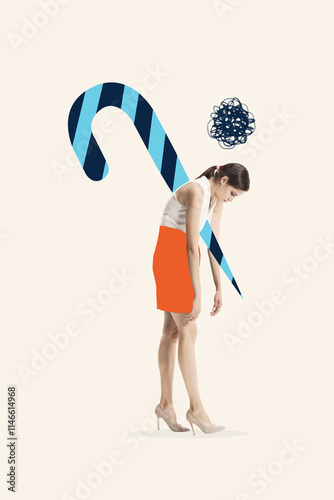 Contemporary art collage. Woman bent under striped cane, symbolizing mental toll of unfulfilled professional goals and Blue Monday reflections. Concept of Blue Monday, overworked, emotional burnout. photo