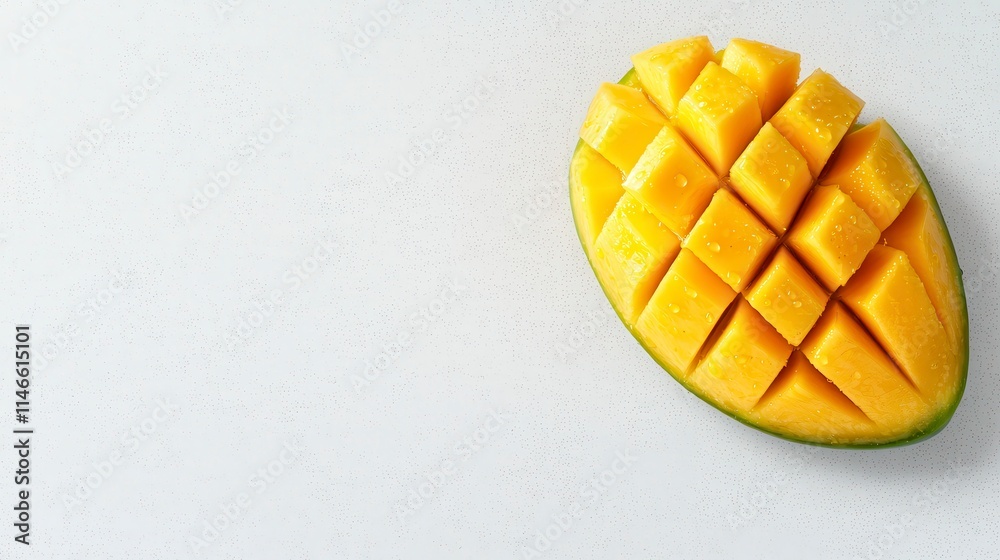Freshly Cut Mango Slices Displayed on Clean White Background, Showcasing Vibrant Yellow Fruit and Neat Cube Cuts for Culinary Inspiration Freshly Cut Mango Slices Displayed on Clean White Background, Showcasing Vibrant Yellow Fruit and Neat Cube Cuts for Culinary Inspiration