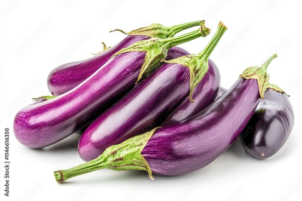 A cluster of fresh purple eggplants with their stems, cleanly isolated on white A cluster of fresh purple eggplants with their stems, cleanly isolated on white