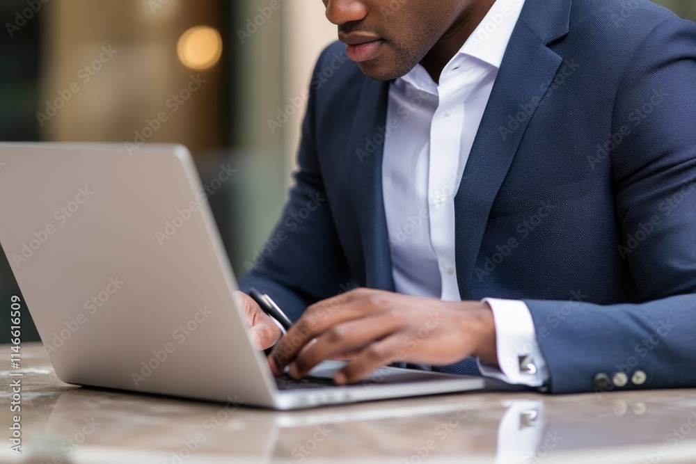 Professional African American Man Working on Laptop at Table in Modern Office, Engaged in Tasks with Focus and Dedication to Success and Productivity Professional African American Man Working on Laptop at Table in Modern Office, Engaged in Tasks with Focus and Dedication to Success and Productivity