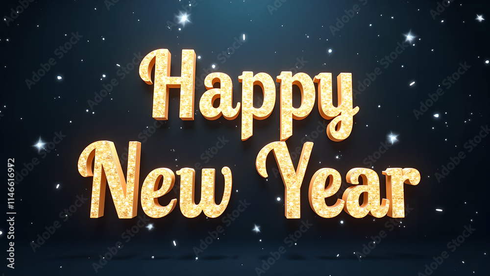 Happy New Year golden text with shiny particles. Concept of celebration, new beginning, and holiday. Happy New Year golden text with shiny particles. Concept of celebration, new beginning, and holiday.