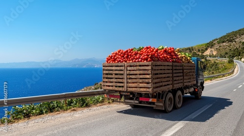 A truck loaded with tomatoes drives along a scenic coastal road under a clear blue sky, highlighting agriculture and transport. photo