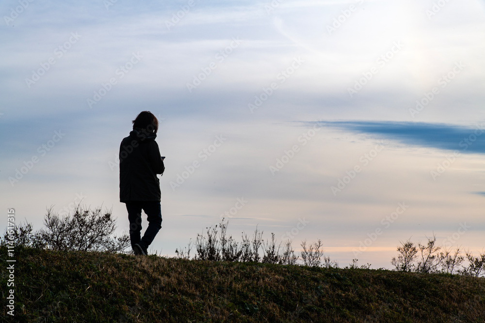the silhouette of a tourist on the hill during sunset
the silhouette of a tourist on the hill during sunset