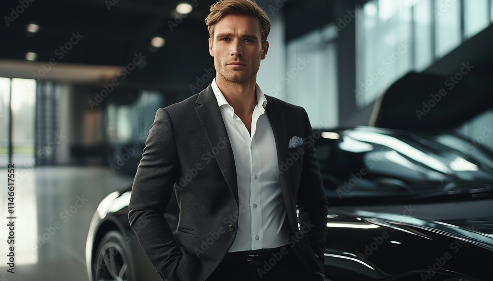 A rich guy in formal business suit which is standing in front of a supercar, successful businessman concept. Generative Ai image.
A rich guy in formal business suit which is standing in front of a supercar, successful businessman concept. Generative Ai image.