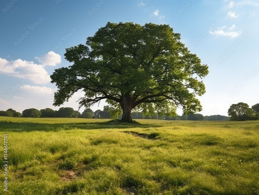 Obraz premium Majestic Solitary Tree in a Sunlit Pastoral Meadow