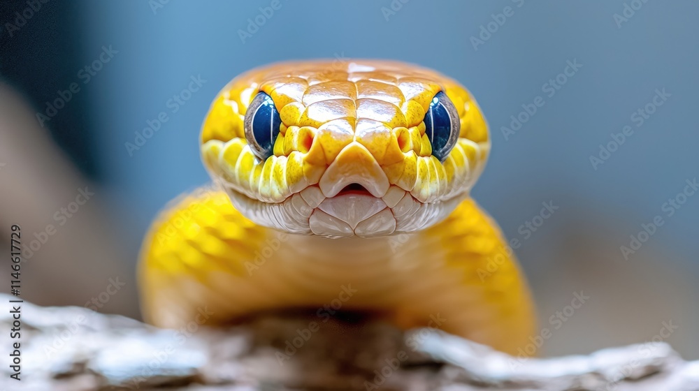 Obraz premium Close-up of a yellow snake's head, showing its eyes and mouth.