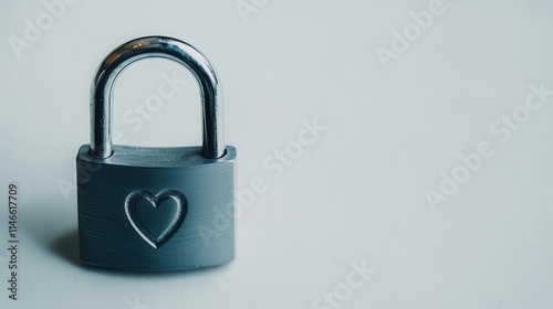 A small, grey padlock with a heart symbol, representing love, security, and commitment, set against a minimalistic background.