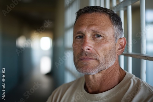 Aged man in a prison setting, expressing a sense of strength and resilience, reflecting the human experience of struggle and redemption amidst confinement.