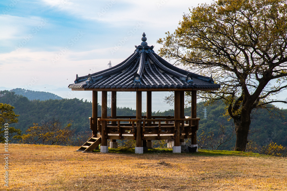 traditional Korean gazebo on the seaside hill