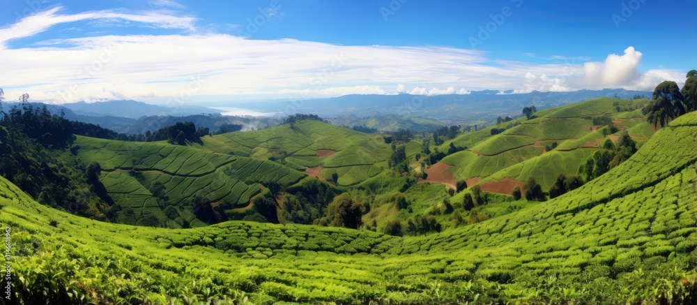Fototapeta premium Panoramic View of Lush Tea Plantation in Valley