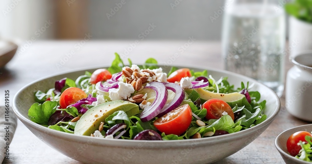 Colourful and healthy Mediterranean diet salad in a bowl. The salad includes fresh ingredients: mixed greens, cherry tomatoes, red onion, crispy lettuce and feta cheese crumbles Colourful and healthy Mediterranean diet salad in a bowl. The salad includes fresh ingredients: mixed greens, cherry tomatoes, red onion, crispy lettuce and feta cheese crumbles