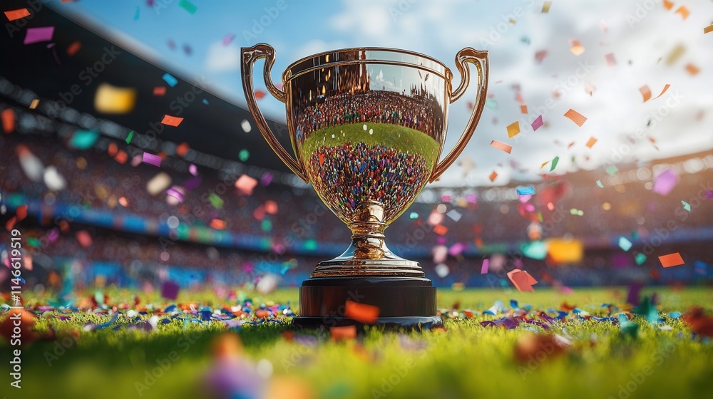 A gleaming trophy on a grassy field, surrounded by colorful confetti, celebrating a sports victory. A gleaming trophy on a grassy field, surrounded by colorful confetti, celebrating a sports victory.