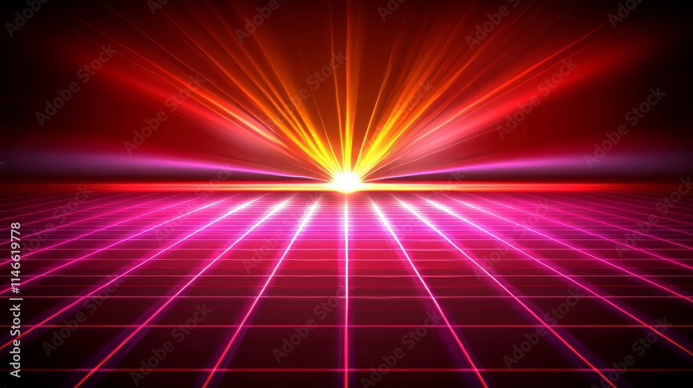 Fototapeta premium Neon Grid Sunset Vibrant Retro Futuristic Landscape