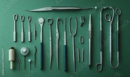 A collection of dental instruments arranged on a green background.