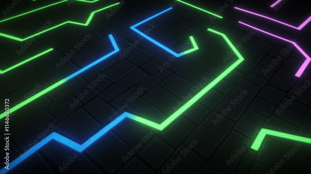 Neon Maze Lines on Dark Grid Surface Neon Maze Lines on Dark Grid Surface