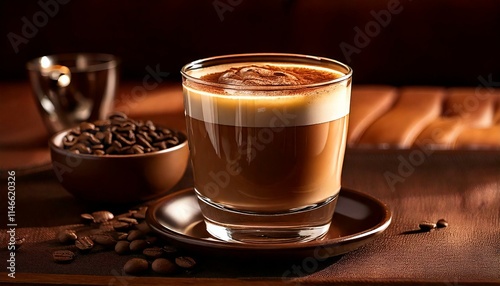 Cup of Coffee with Beans, product photography, warm, mocha, dark image