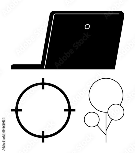 Abstract laptop image, target symbol, and balloon shapes. Ideal for technology, target marketing, creativity, festive themes, design elements education project planning. Line metaphor