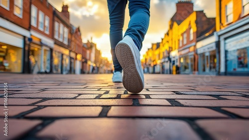 A person walking in a busy business district with modern buildings and a vibrant atmosphere. photo